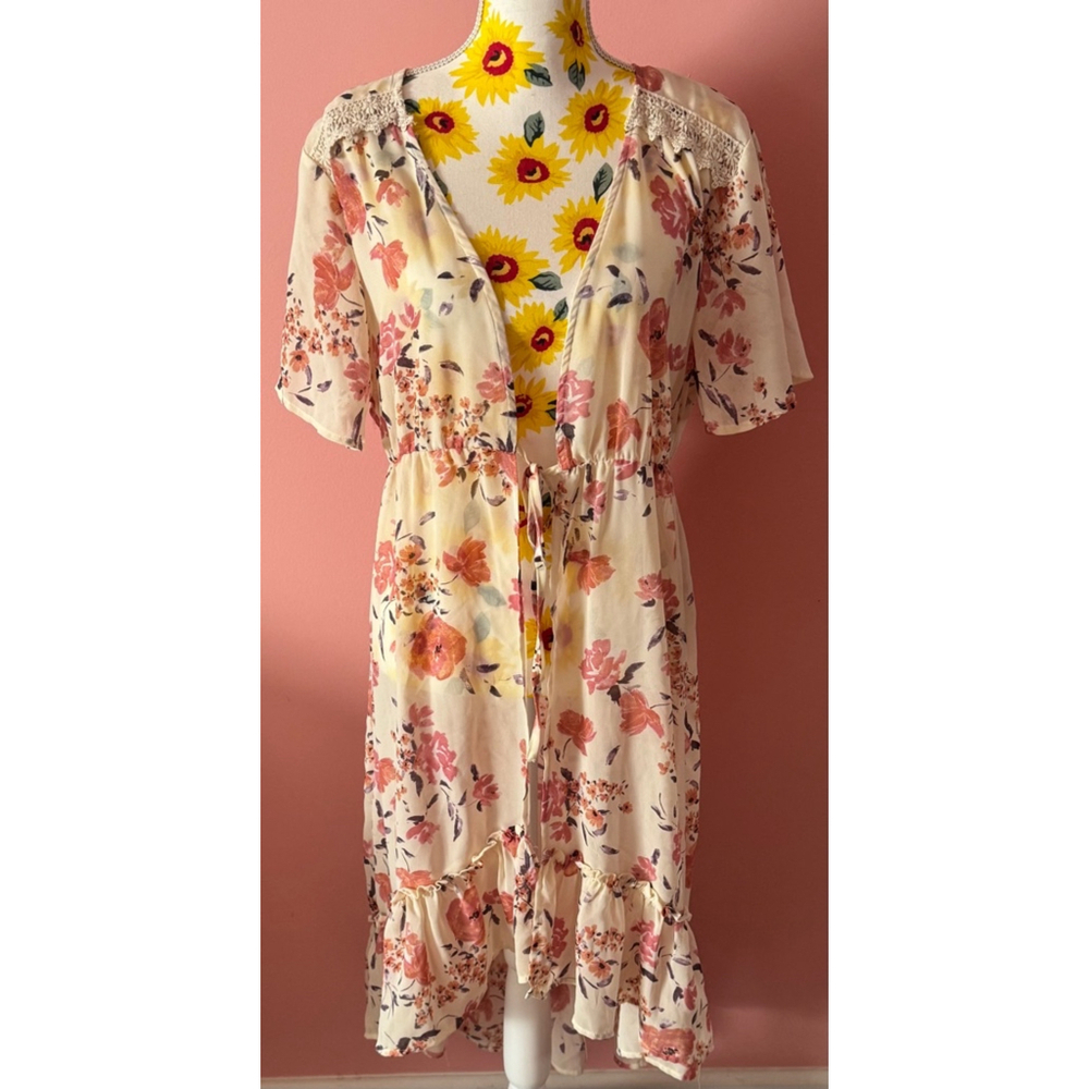 Women's Versona BoHo Dress, L, Cream & Pink Floral